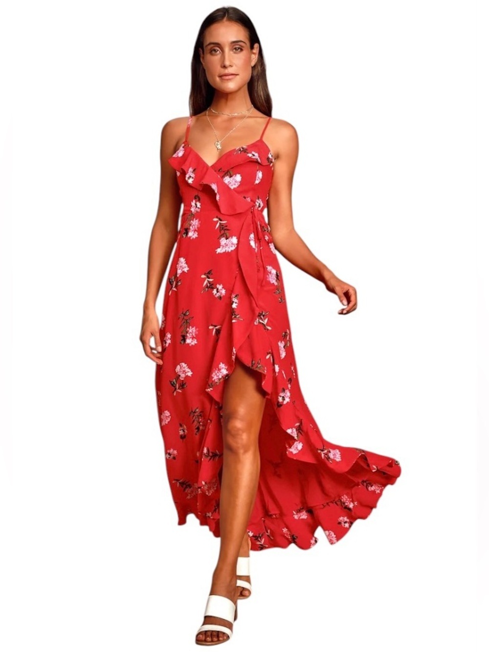 Lulus Women Red Floral Sleeveless Ruffled Wrap Flowy Prom Party Maxi Dress Sz M